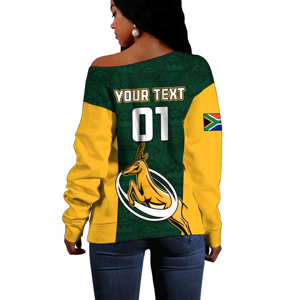 Custom South Africa Rugby Off Shoulder Sweater - Springboks Go Champions with Protea Pattern LT01