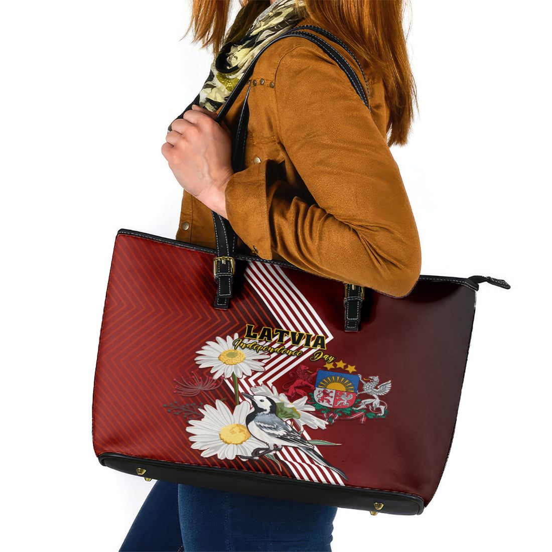 Latvia Independence Day Leather Tote Bag Latvijas White Wagtail With Daisy Flowers LT01