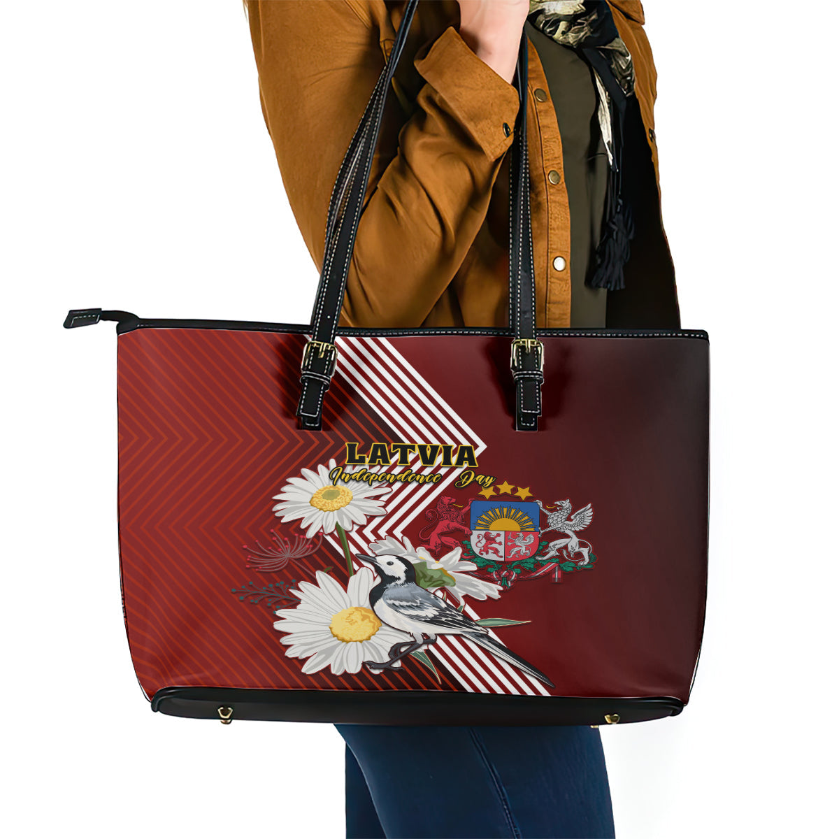 Latvia Independence Day Leather Tote Bag Latvijas White Wagtail With Daisy Flowers LT01
