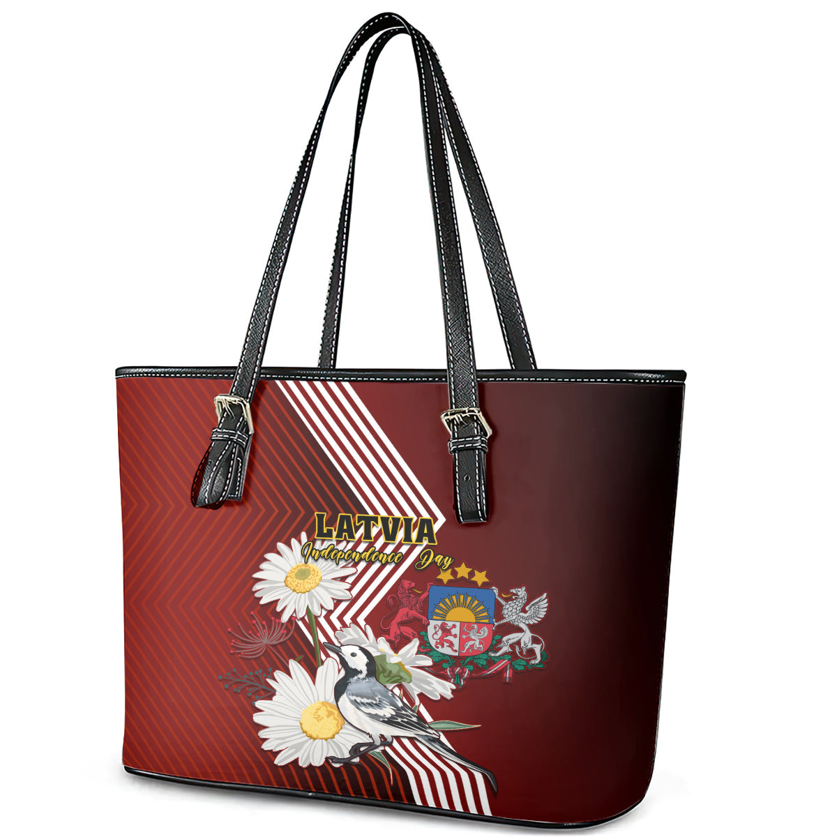 Latvia Independence Day Leather Tote Bag Latvijas White Wagtail With Daisy Flowers LT01