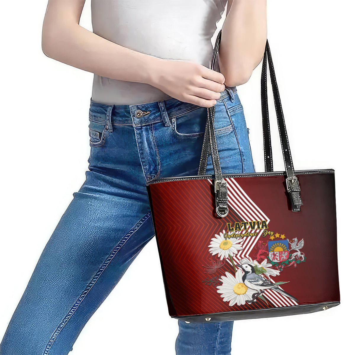 Latvia Independence Day Leather Tote Bag Latvijas White Wagtail With Daisy Flowers LT01