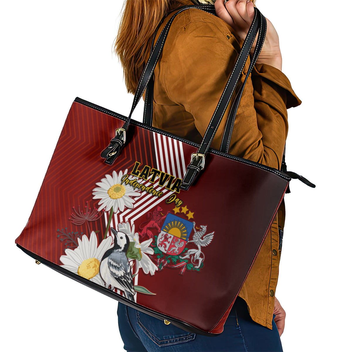 Latvia Independence Day Leather Tote Bag Latvijas White Wagtail With Daisy Flowers LT01