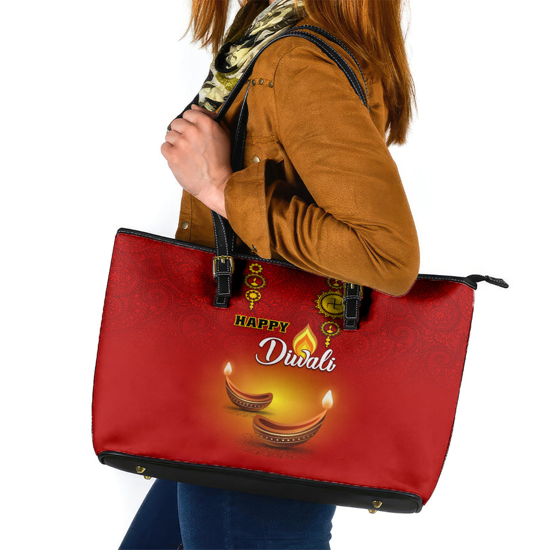 Diwali Festival Leather Tote Bag Diya With Paisley Pattern LT01