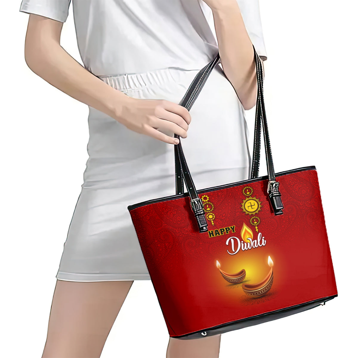 Diwali Festival Leather Tote Bag Diya With Paisley Pattern LT01