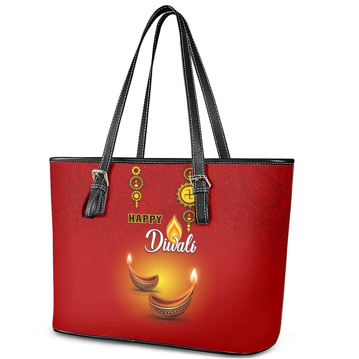 Diwali Festival Leather Tote Bag Diya With Paisley Pattern LT01