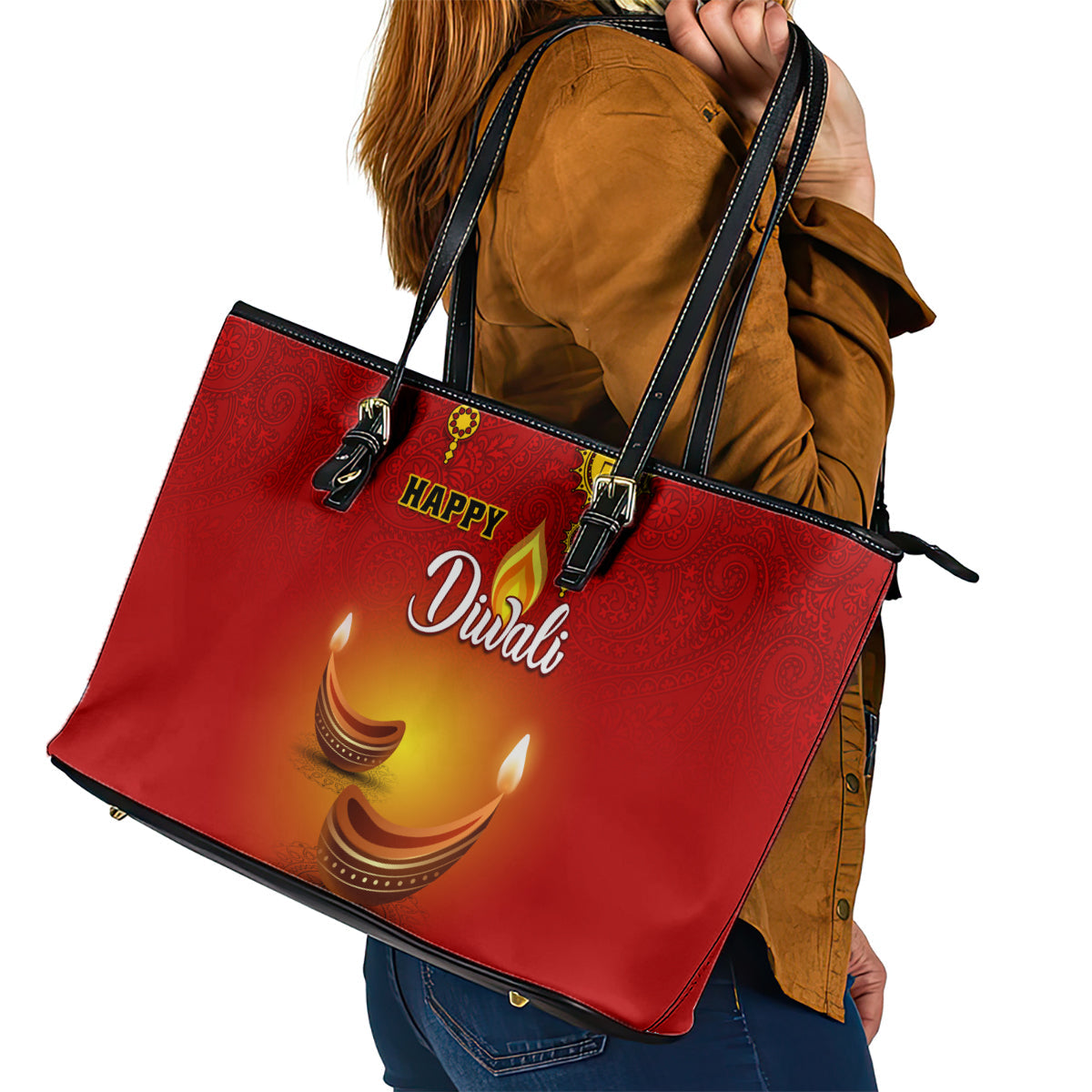 Diwali Festival Leather Tote Bag Diya With Paisley Pattern LT01
