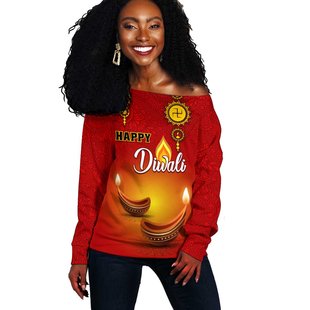 Personalized Diwali Festival Off Shoulder Sweater with Diya and Paisley Pattern LT01