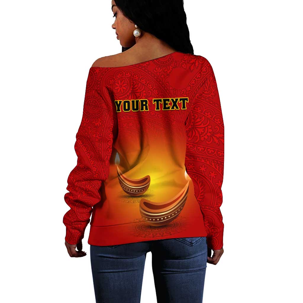 Personalized Diwali Festival Off Shoulder Sweater with Diya and Paisley Pattern LT01