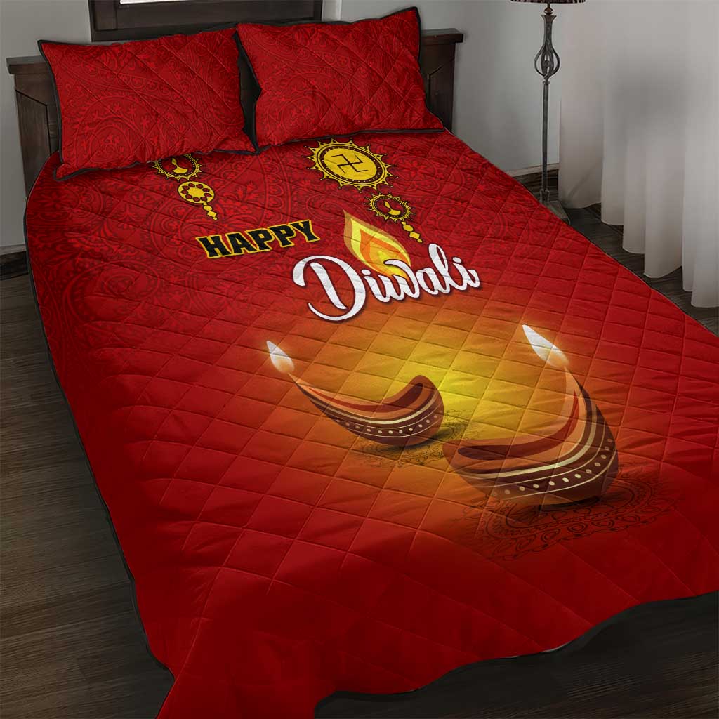 Diwali Festival Quilt Bed Set with Diya and Paisley Pattern LT01