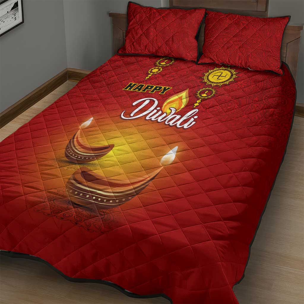 Diwali Festival Quilt Bed Set with Diya and Paisley Pattern LT01