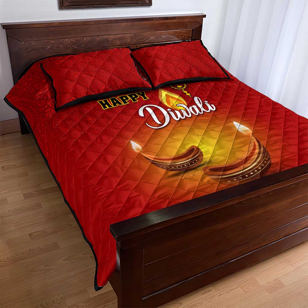 Diwali Festival Quilt Bed Set with Diya and Paisley Pattern LT01