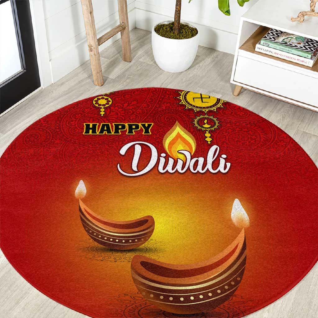 Diwali Festival Round Carpet with Diya and Paisley Pattern LT01