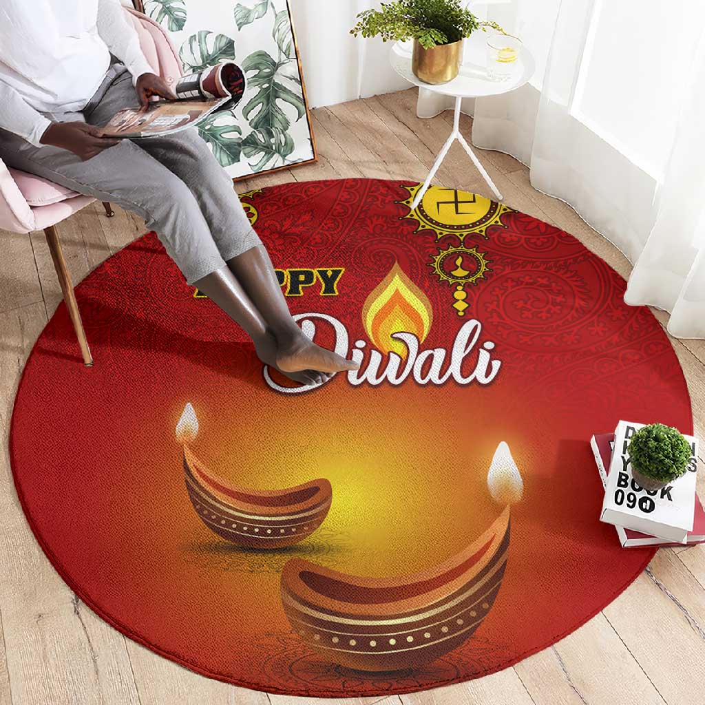 Diwali Festival Round Carpet with Diya and Paisley Pattern LT01