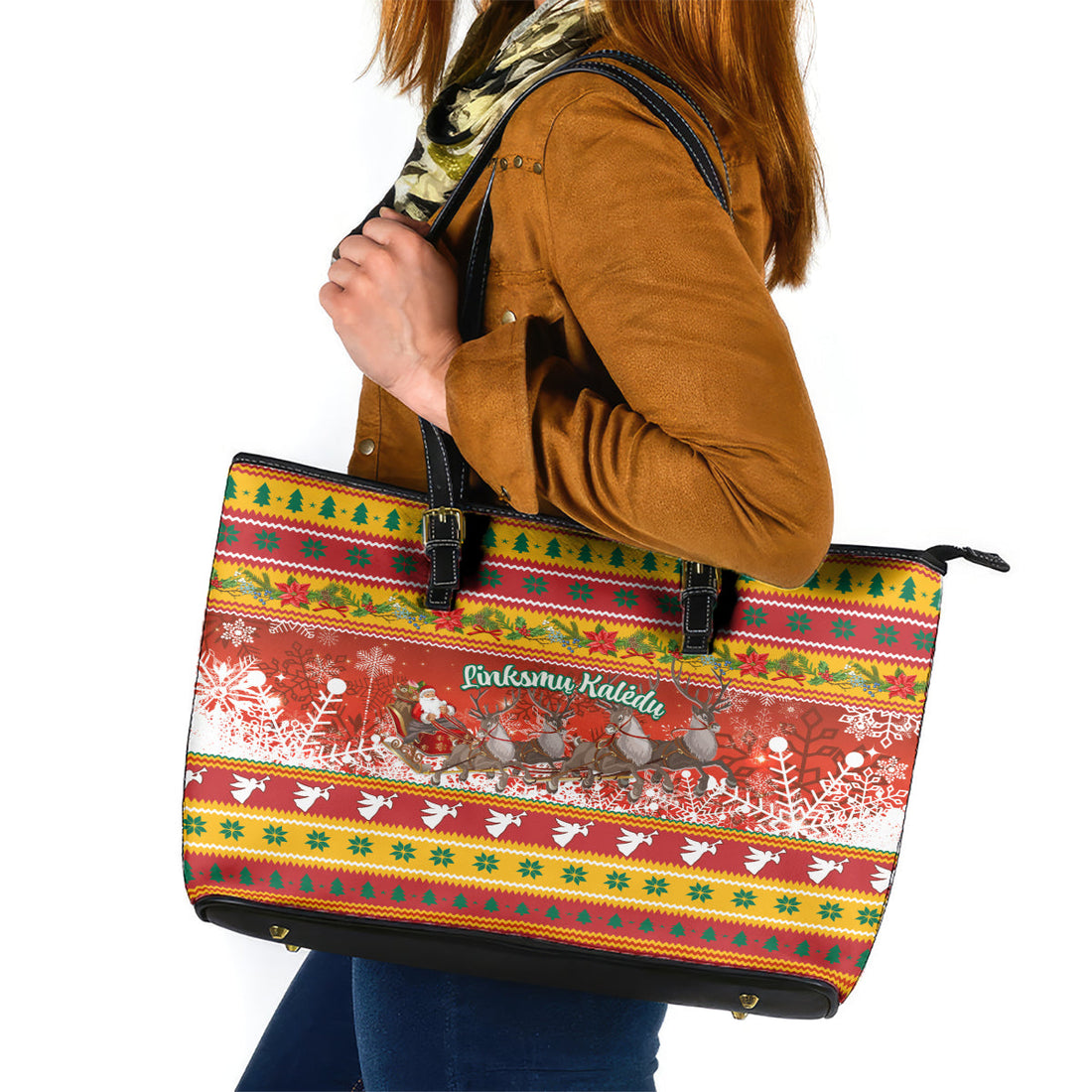 Custom Lithuania Christmas Leather Tote Bag Lietuva Santa Claus With Reindeer LT01