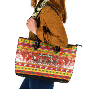 Custom Lithuania Christmas Leather Tote Bag Lietuva Santa Claus With Reindeer LT01