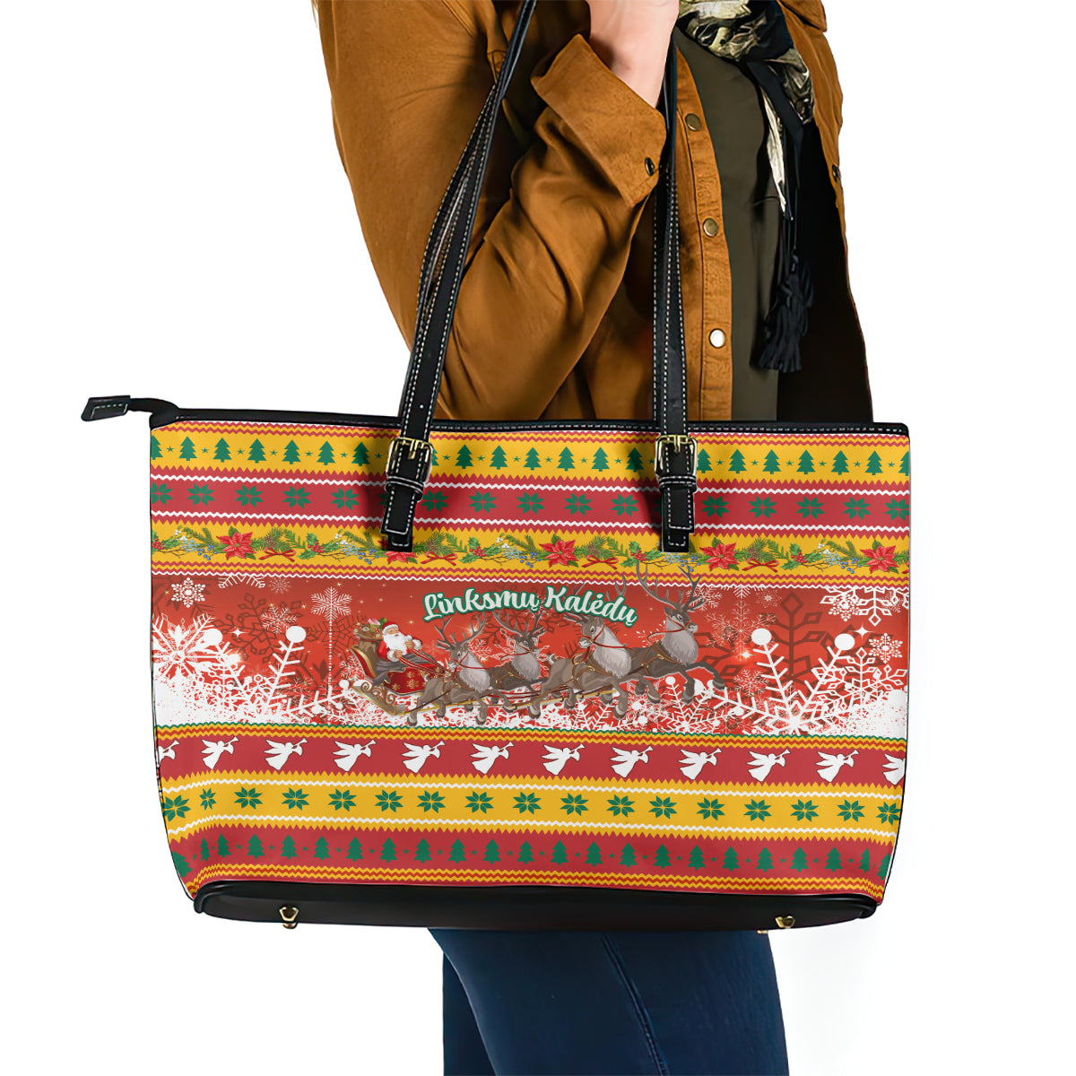 Custom Lithuania Christmas Leather Tote Bag Lietuva Santa Claus With Reindeer LT01