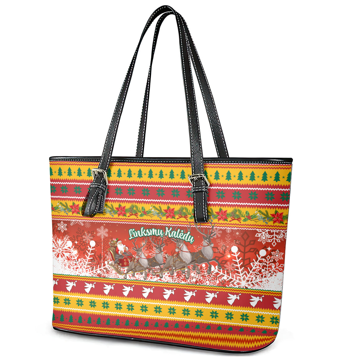Custom Lithuania Christmas Leather Tote Bag Lietuva Santa Claus With Reindeer LT01