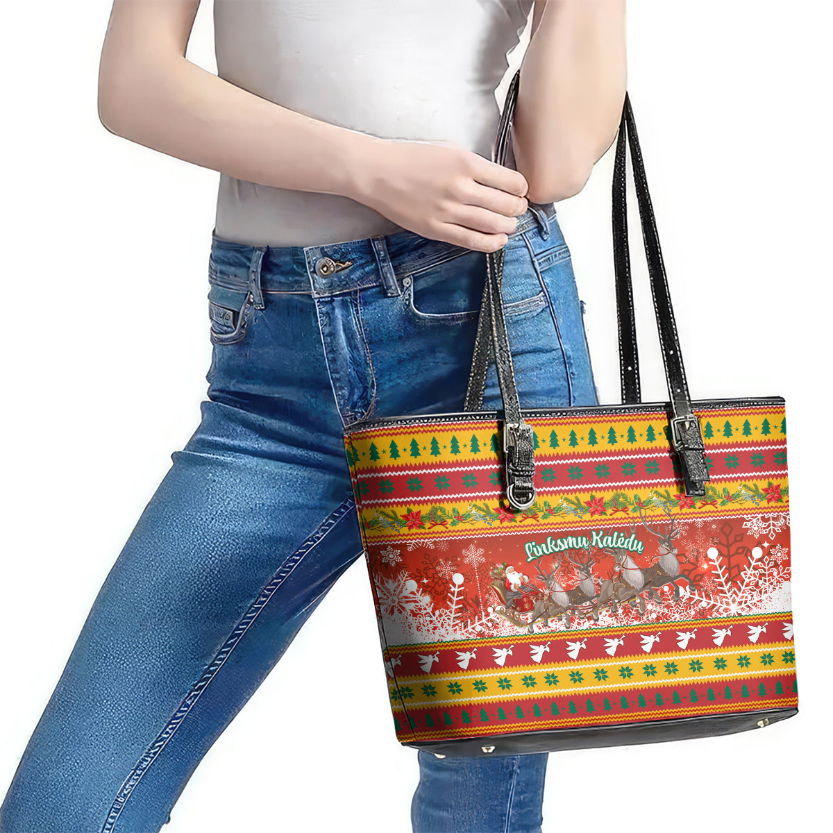 Custom Lithuania Christmas Leather Tote Bag Lietuva Santa Claus With Reindeer LT01