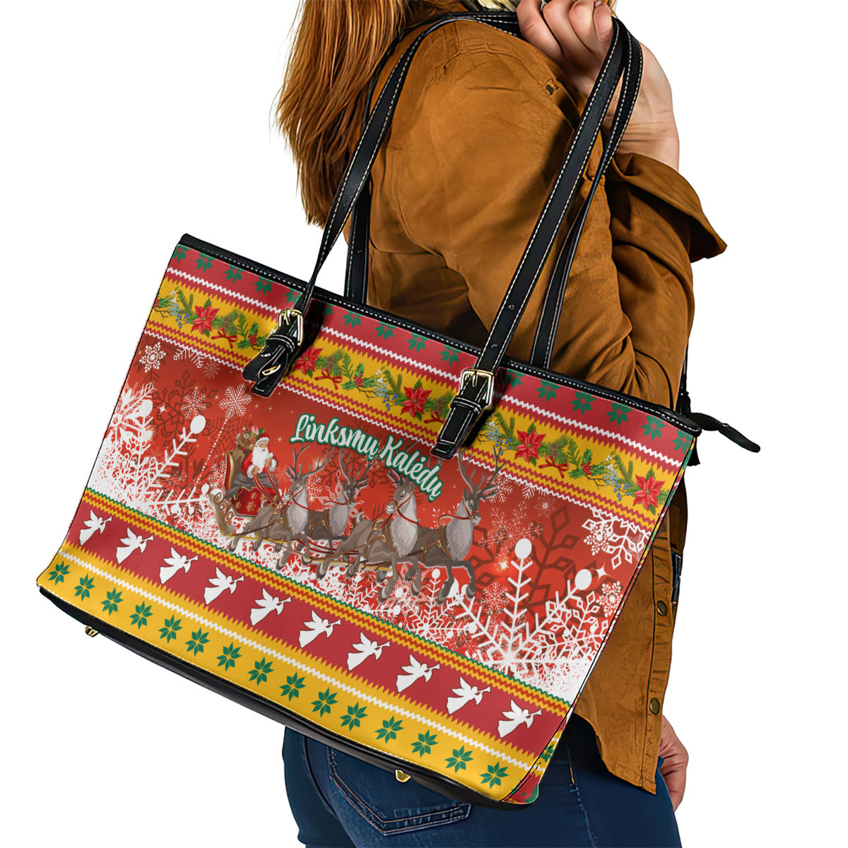 Custom Lithuania Christmas Leather Tote Bag Lietuva Santa Claus With Reindeer LT01