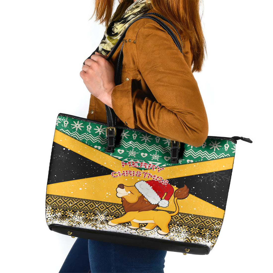 Custom Jamaica Christmas Leather Tote Bag Jumieka Santa Lion LT01