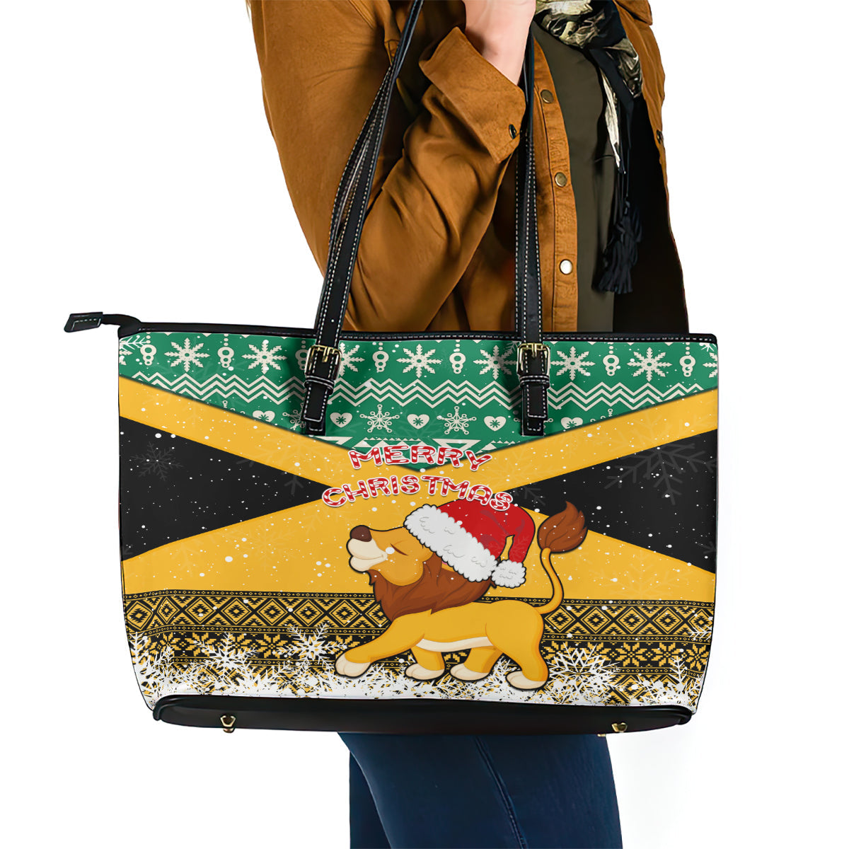 Custom Jamaica Christmas Leather Tote Bag Jumieka Santa Lion LT01