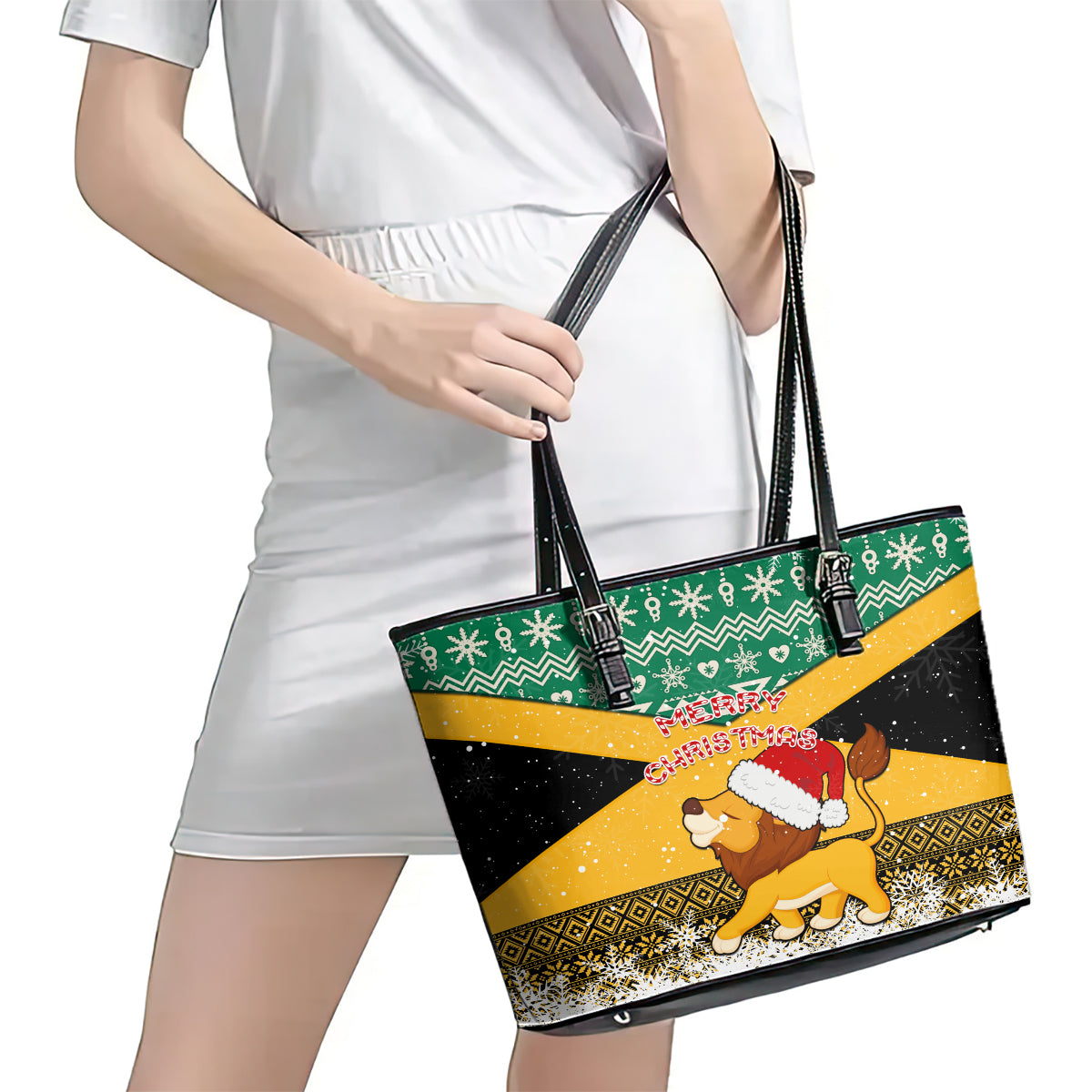 Custom Jamaica Christmas Leather Tote Bag Jumieka Santa Lion LT01