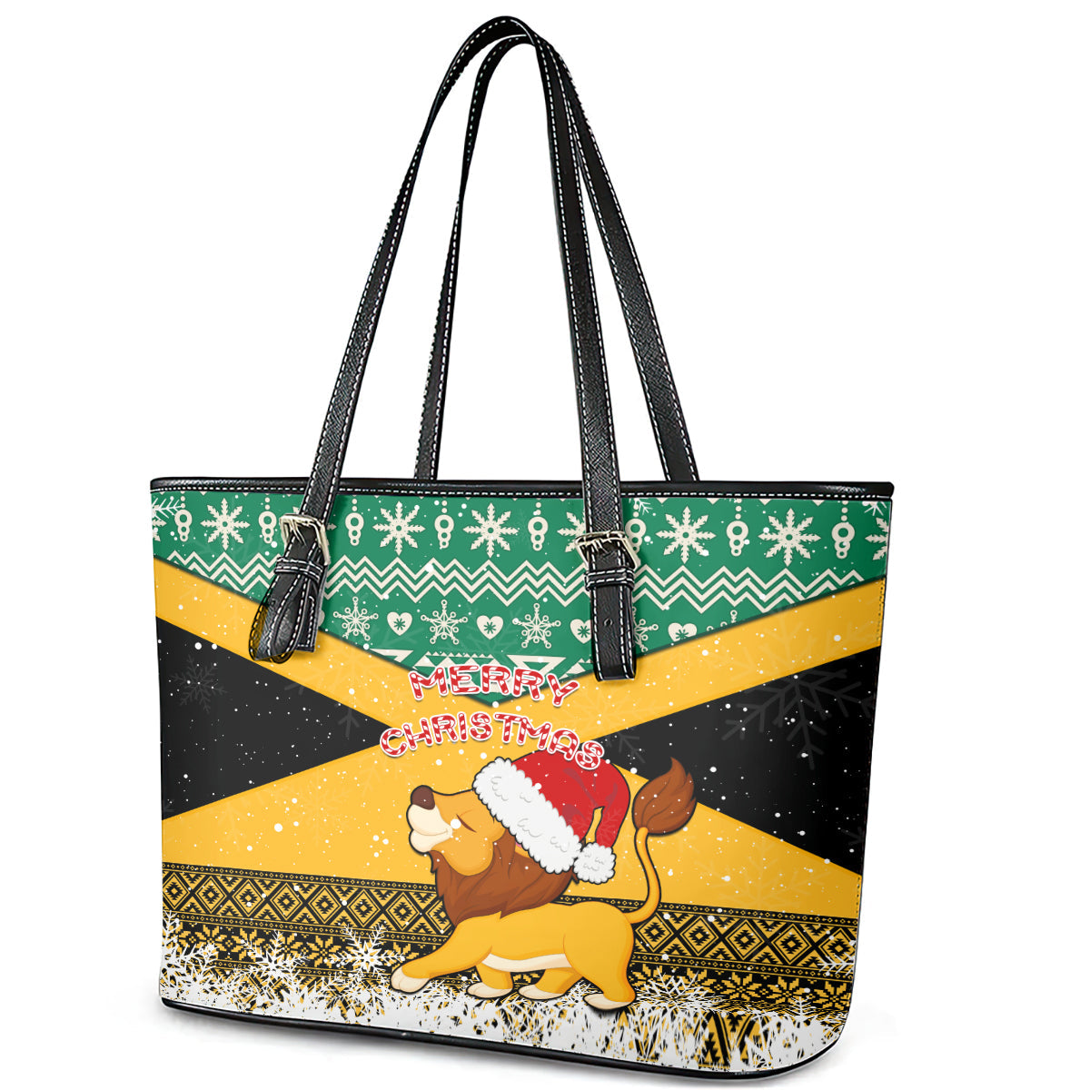 Custom Jamaica Christmas Leather Tote Bag Jumieka Santa Lion LT01