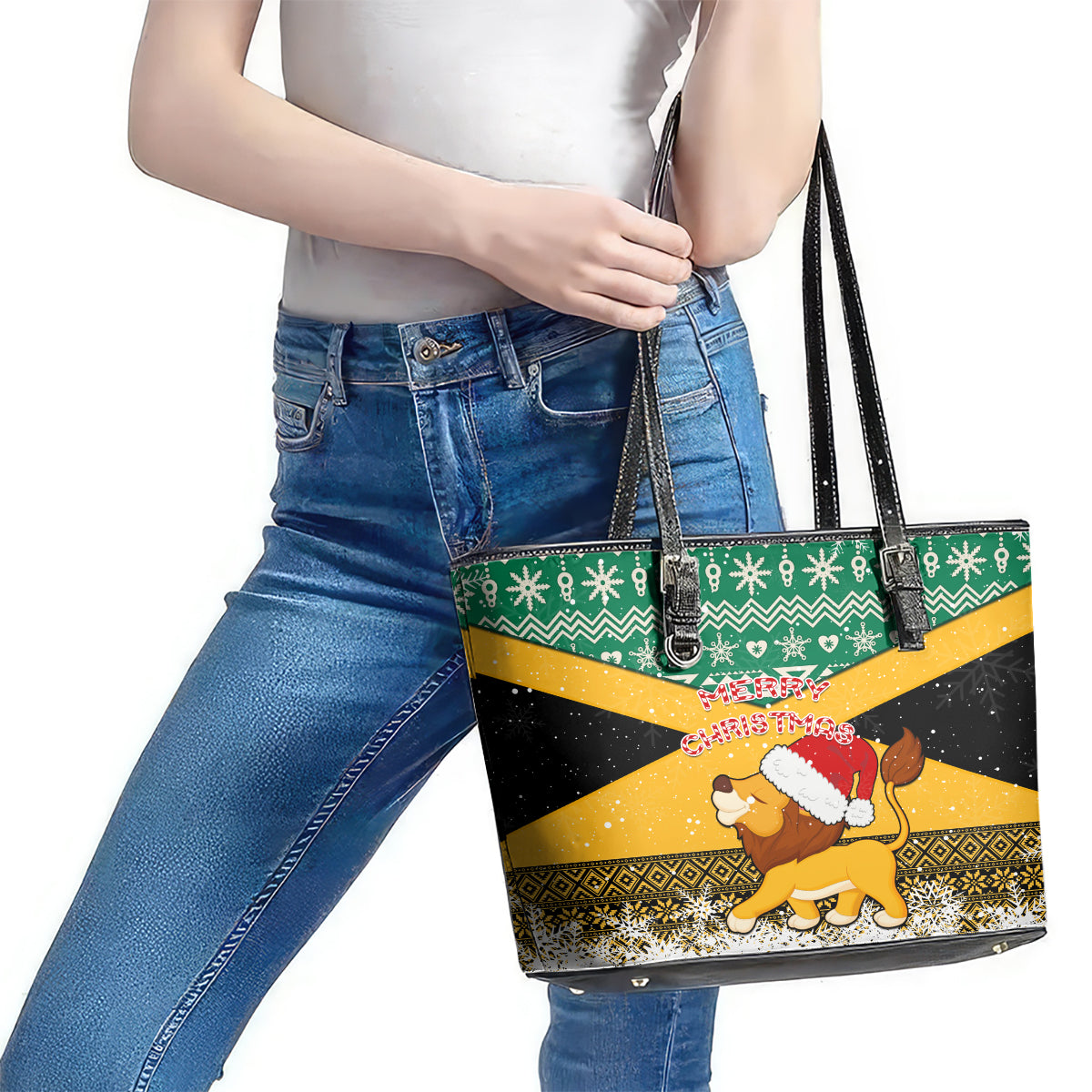 Custom Jamaica Christmas Leather Tote Bag Jumieka Santa Lion LT01