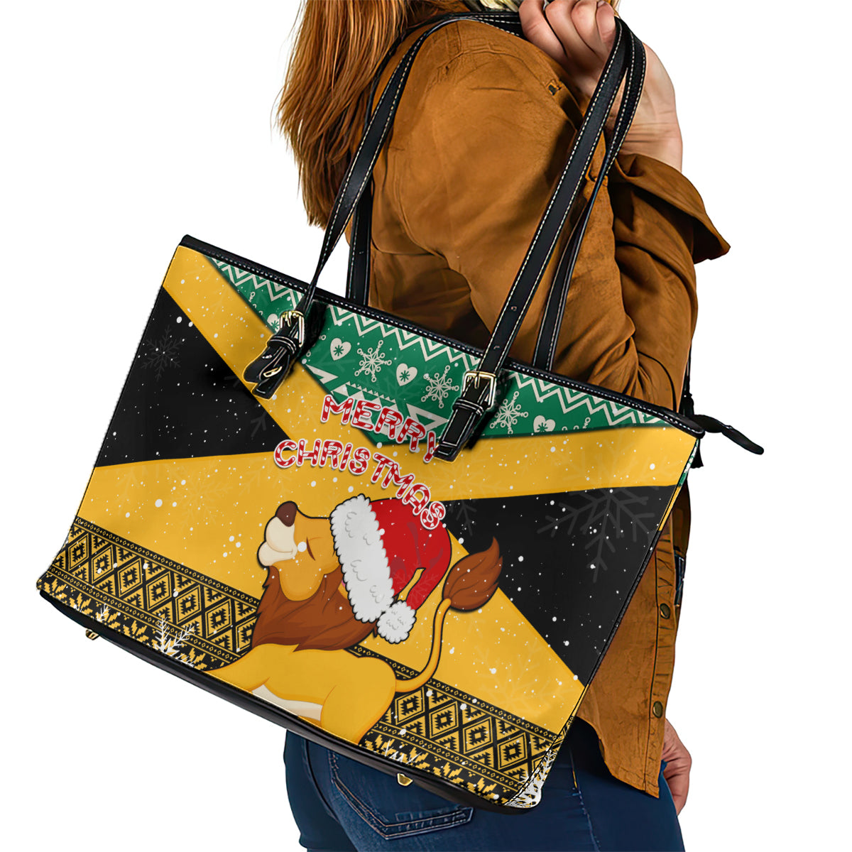 Custom Jamaica Christmas Leather Tote Bag Jumieka Santa Lion LT01