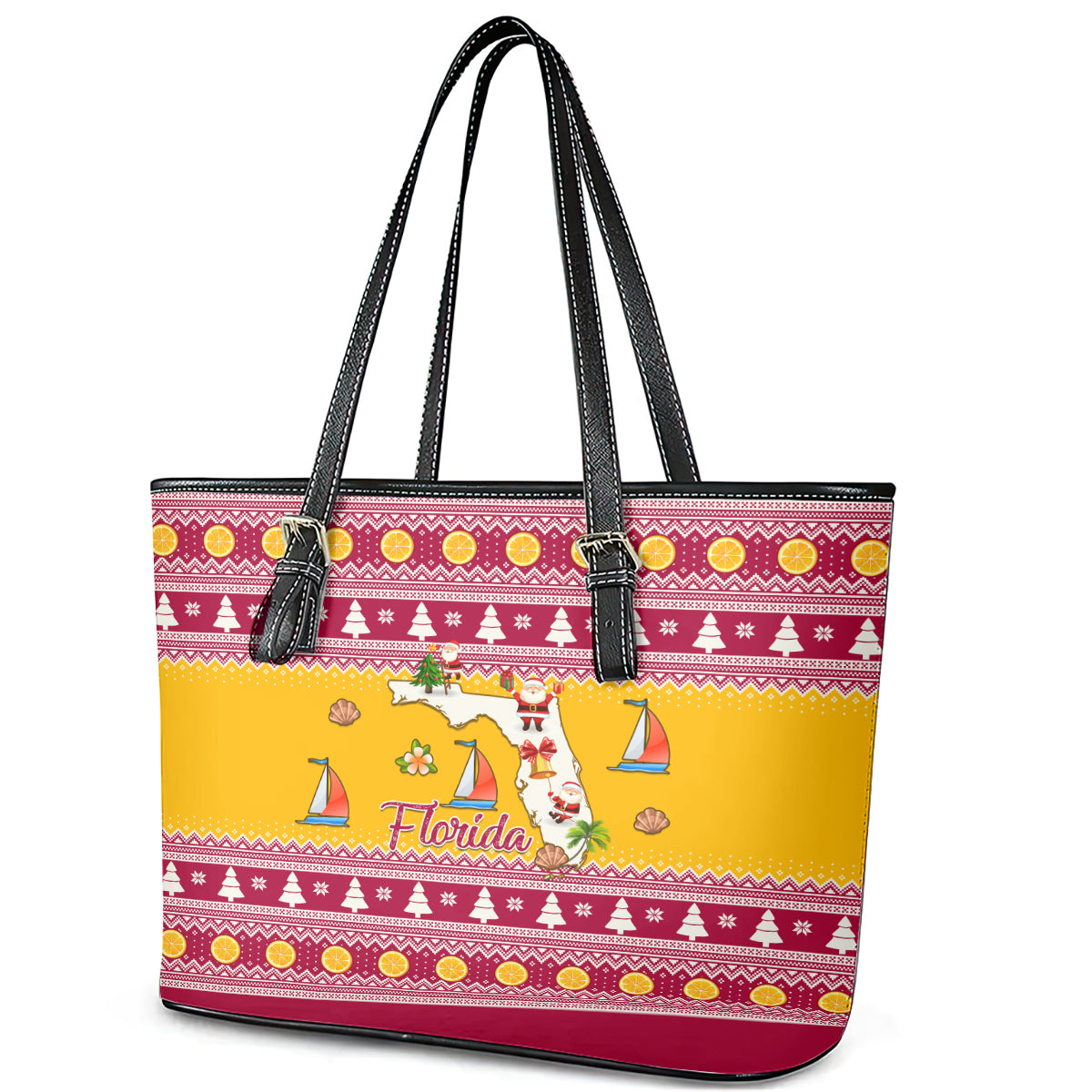 Florida Christmas Leather Tote Bag Santa Claus Florida Map With Orange LT01
