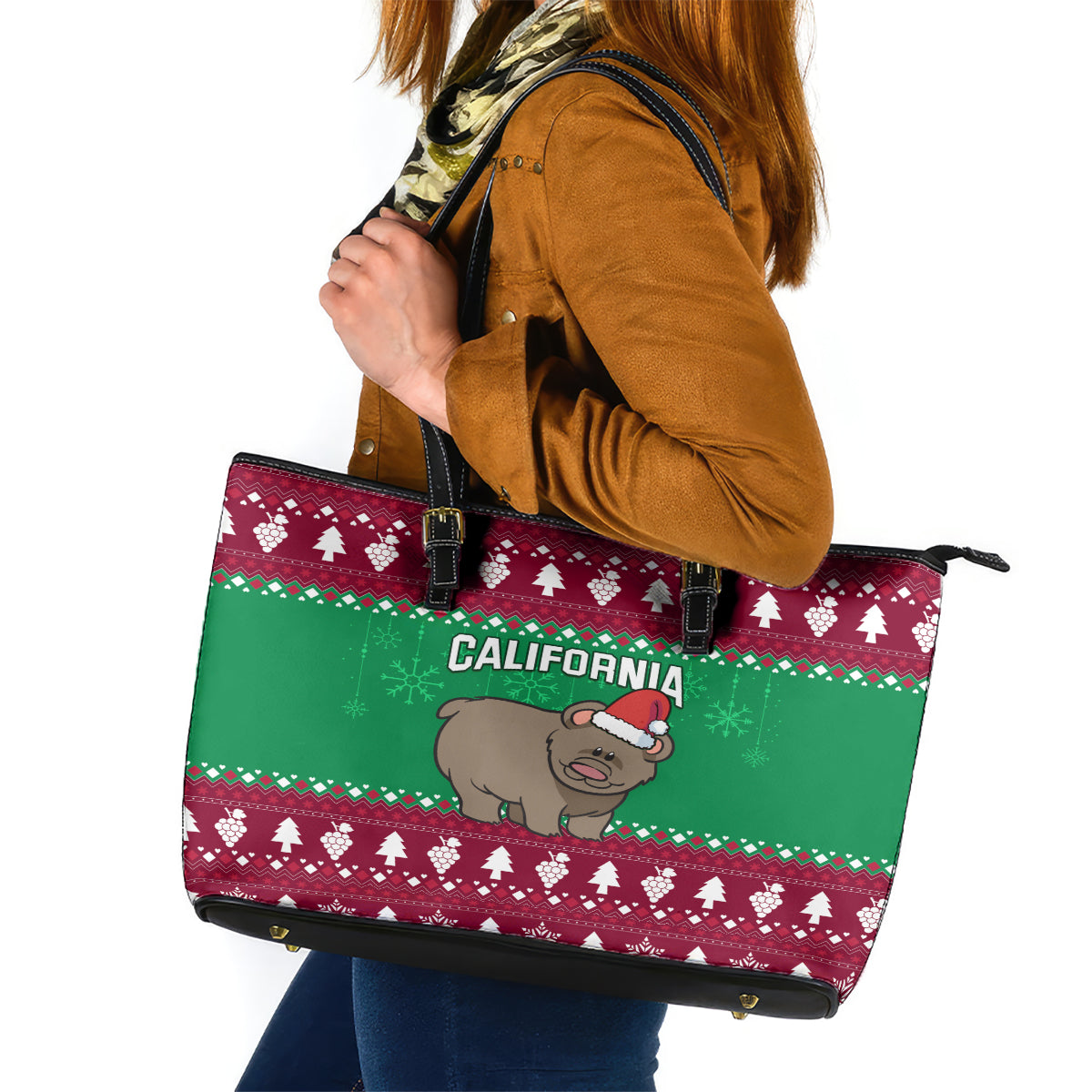 Custom California Christmas Leather Tote Bag Santa Grizzly Bear With Grape LT01