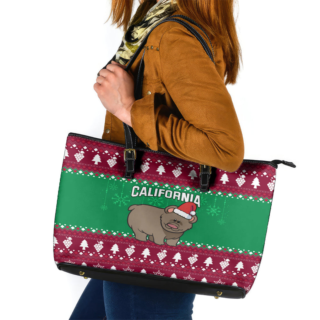 Custom California Christmas Leather Tote Bag Santa Grizzly Bear With Grape LT01
