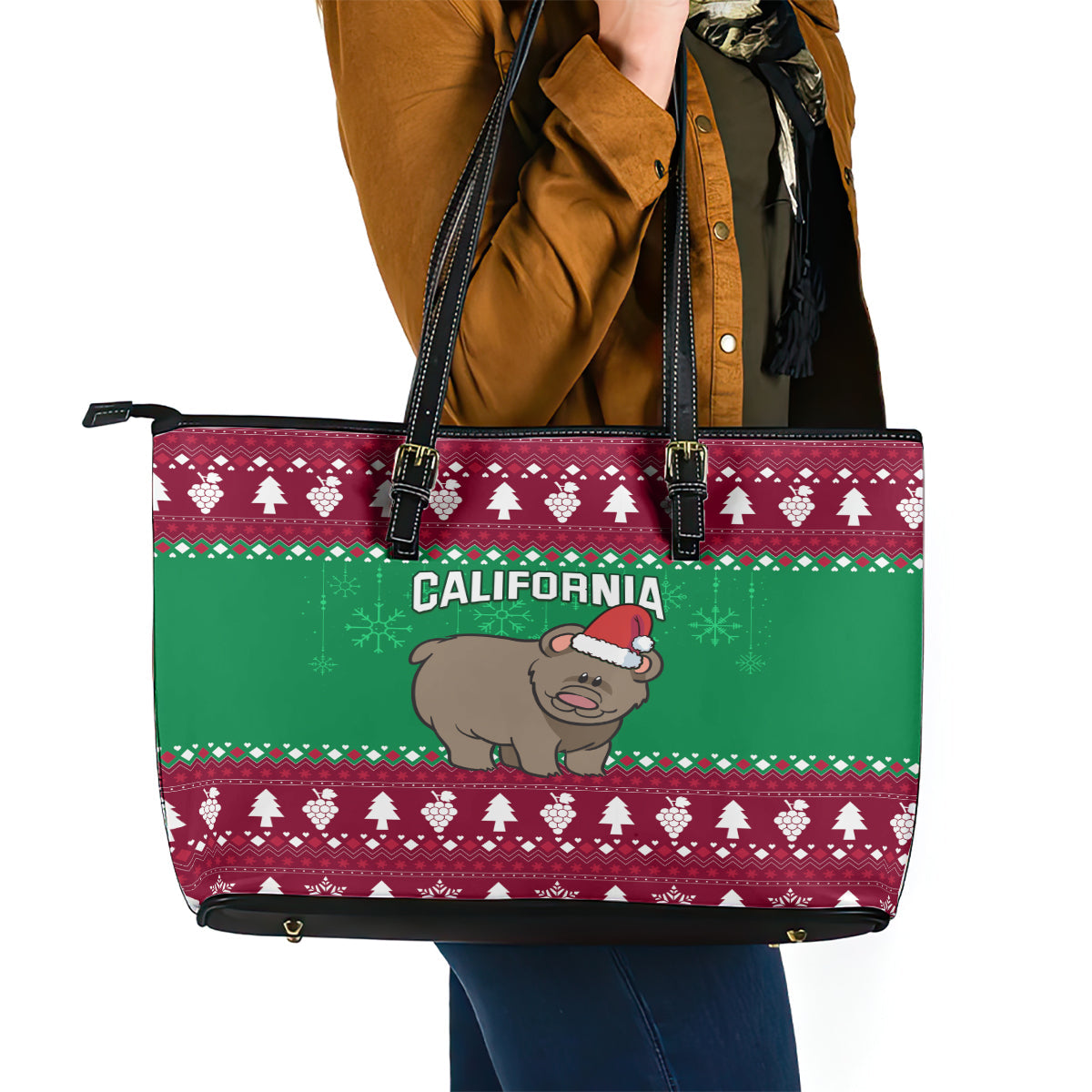 Custom California Christmas Leather Tote Bag Santa Grizzly Bear With Grape LT01