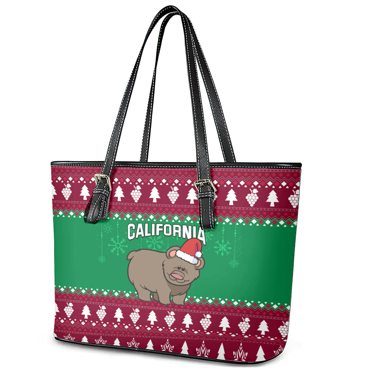 Custom California Christmas Leather Tote Bag Santa Grizzly Bear With Grape LT01