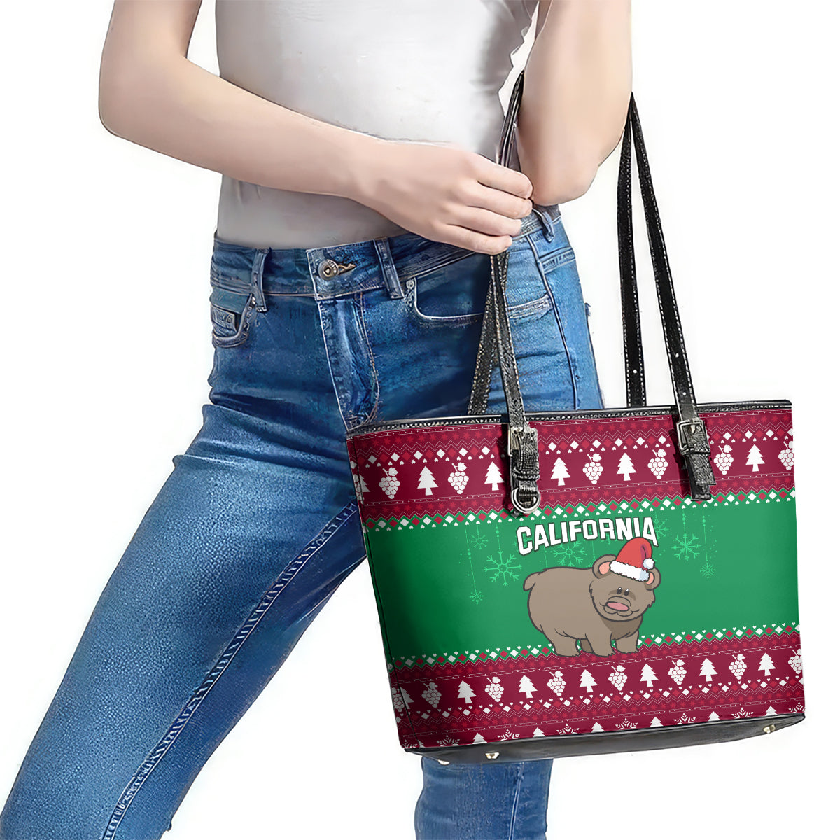 Custom California Christmas Leather Tote Bag Santa Grizzly Bear With Grape LT01