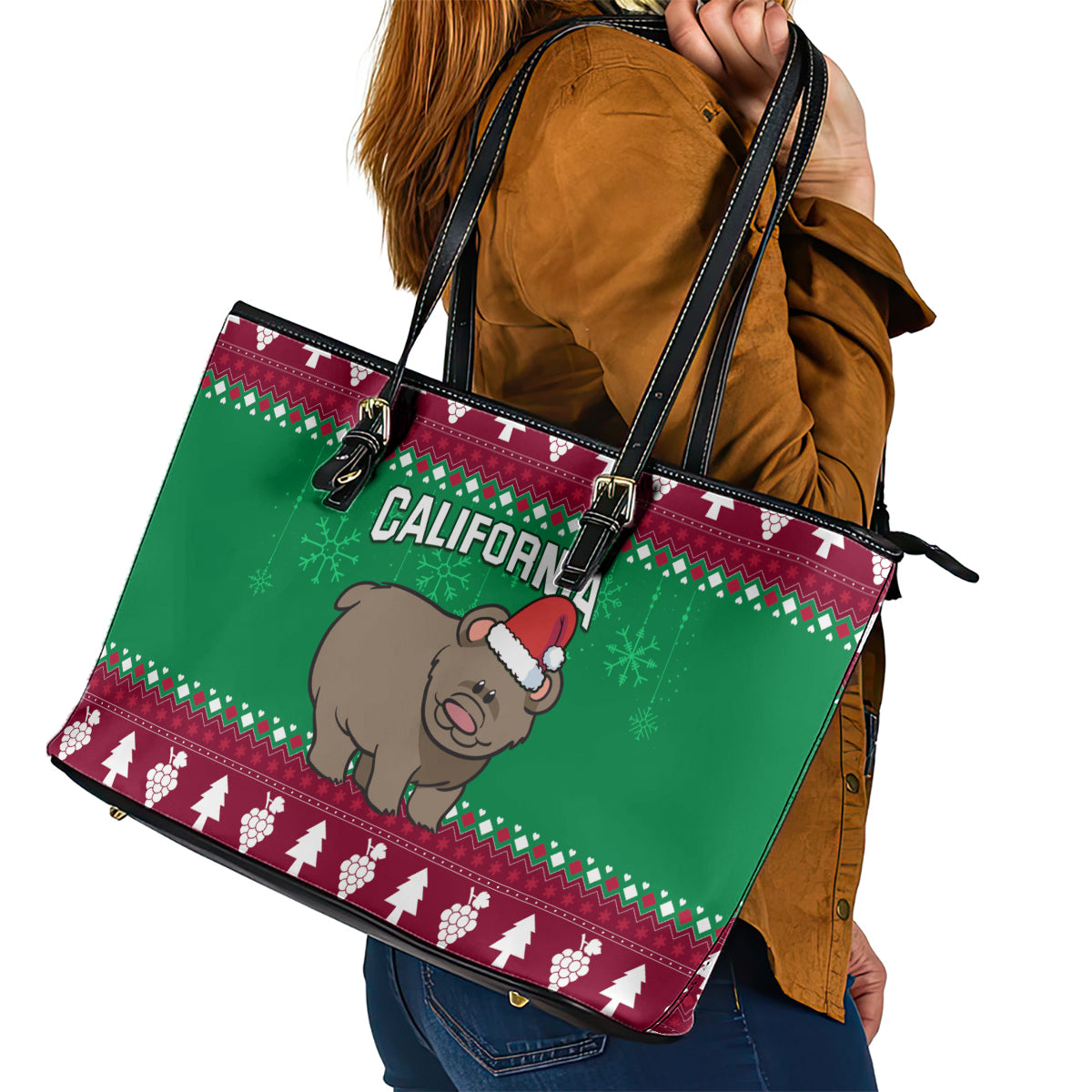 Custom California Christmas Leather Tote Bag Santa Grizzly Bear With Grape LT01