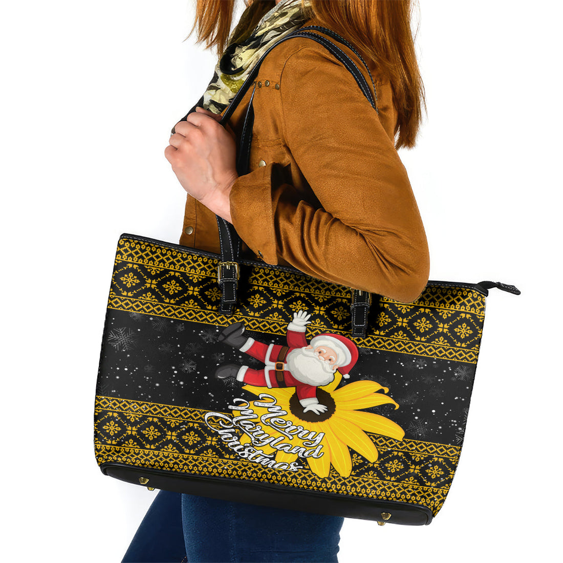 Maryland Christmas Leather Tote Bag Santa Claus With Black Eyed Susan Flower LT01