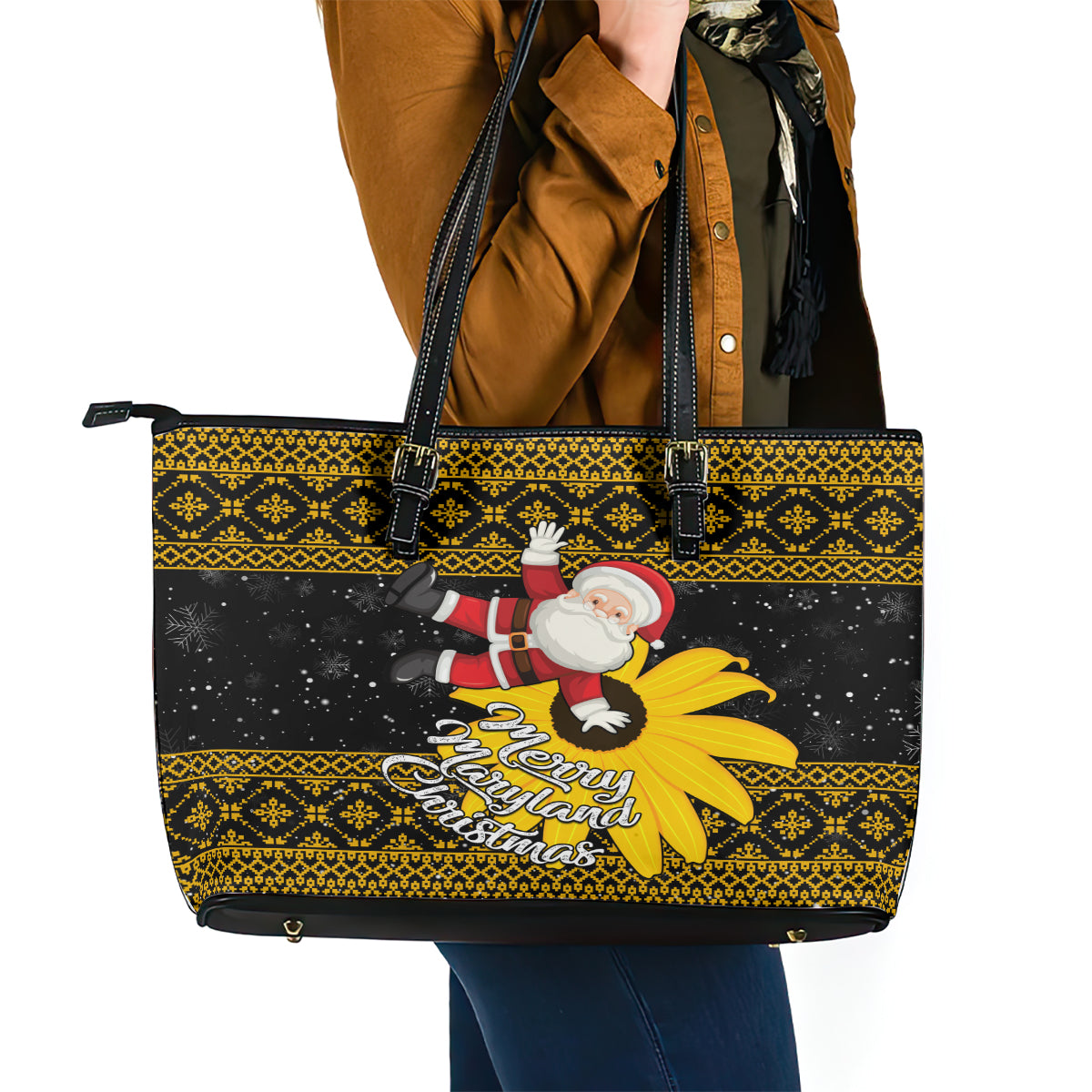 Maryland Christmas Leather Tote Bag Santa Claus With Black Eyed Susan Flower LT01