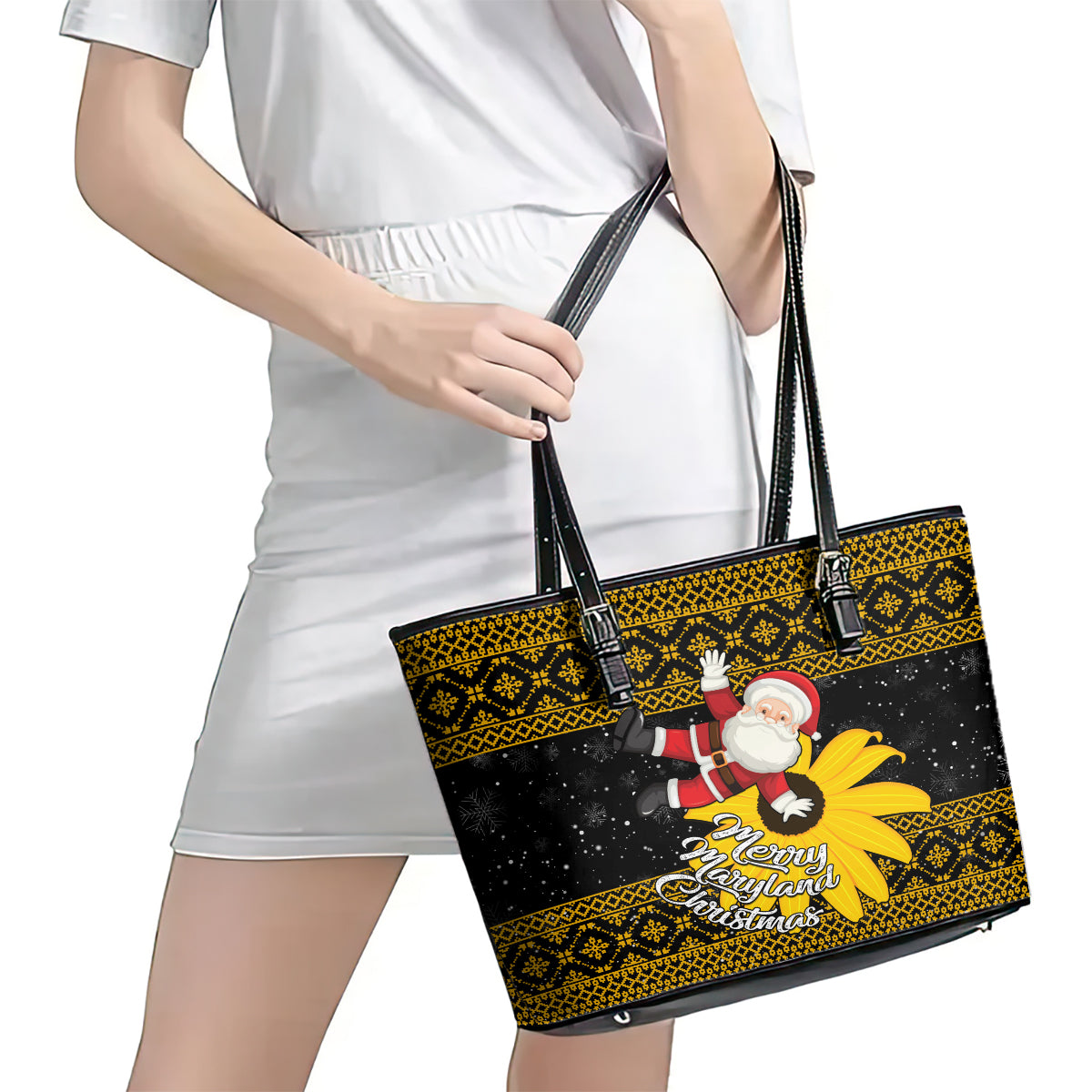 Maryland Christmas Leather Tote Bag Santa Claus With Black Eyed Susan Flower LT01
