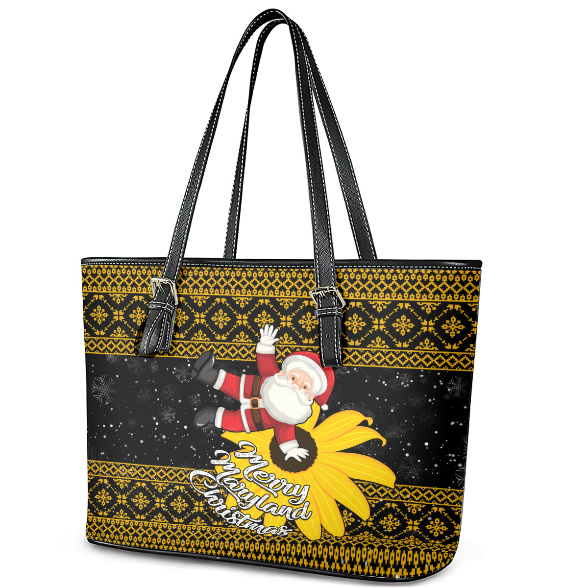 Maryland Christmas Leather Tote Bag Santa Claus With Black Eyed Susan Flower LT01