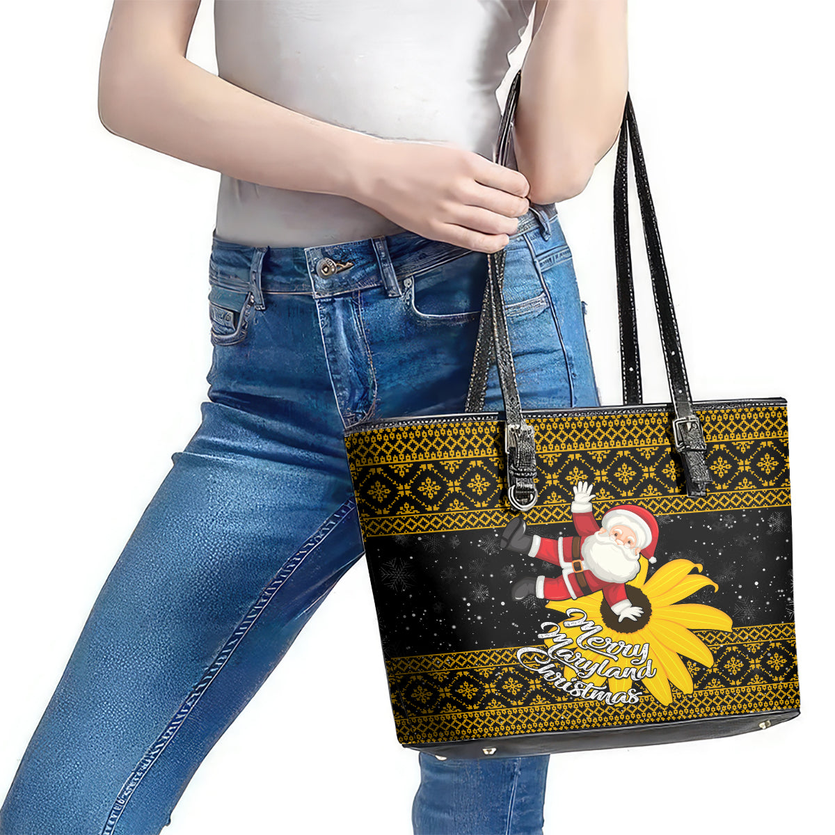 Maryland Christmas Leather Tote Bag Santa Claus With Black Eyed Susan Flower LT01