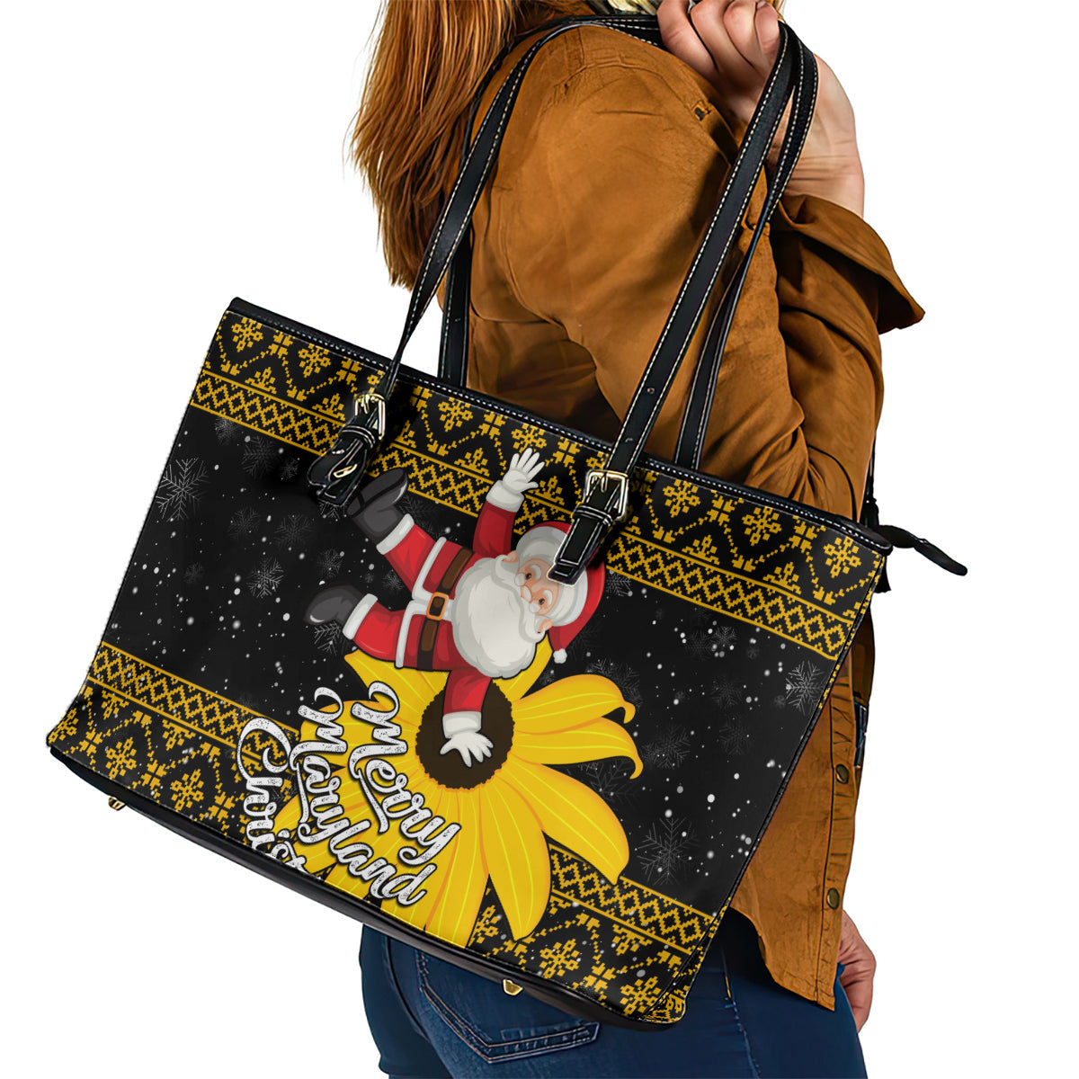 Maryland Christmas Leather Tote Bag Santa Claus With Black Eyed Susan Flower LT01