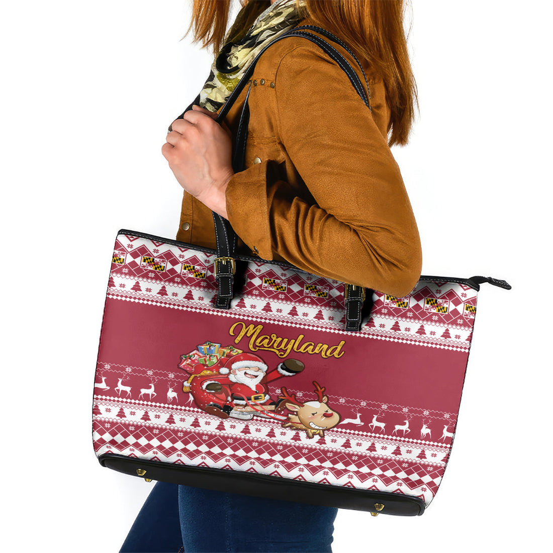 Custom Maryland Christmas Leather Tote Bag Santa Claus Riding A Reindeer LT01
