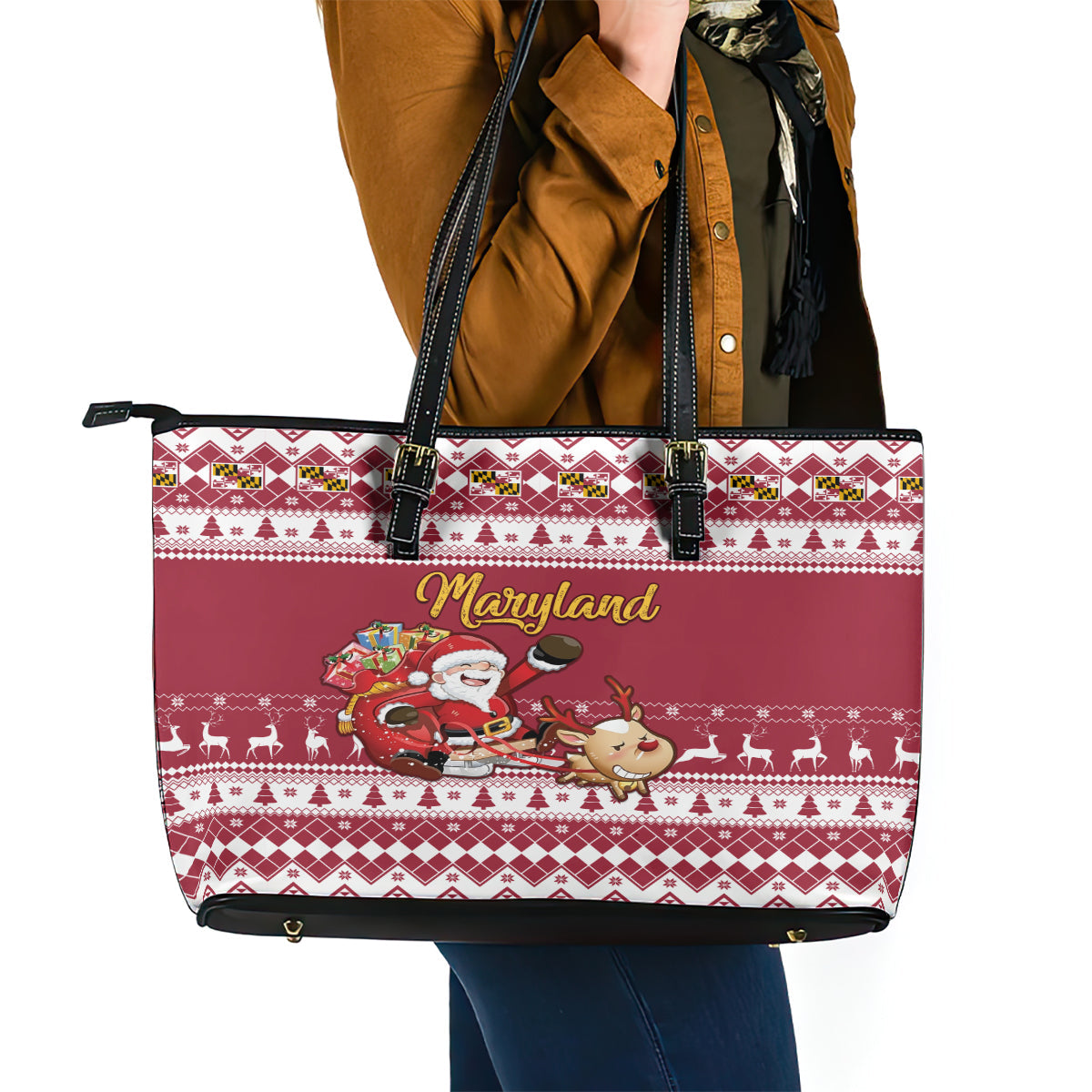 Custom Maryland Christmas Leather Tote Bag Santa Claus Riding A Reindeer LT01
