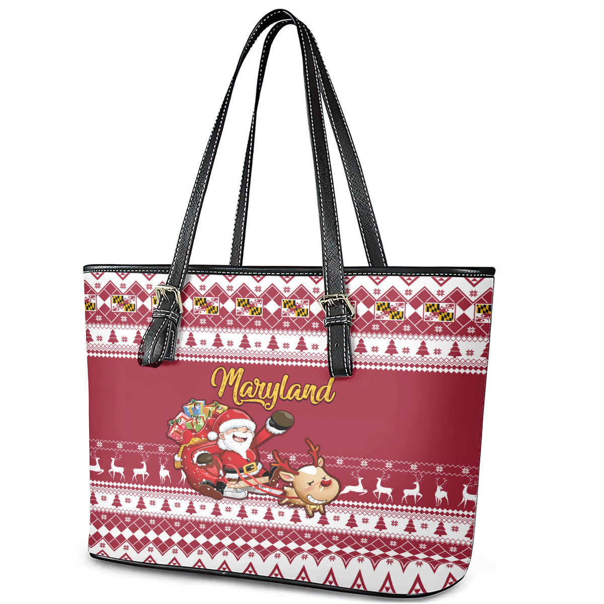 Custom Maryland Christmas Leather Tote Bag Santa Claus Riding A Reindeer LT01