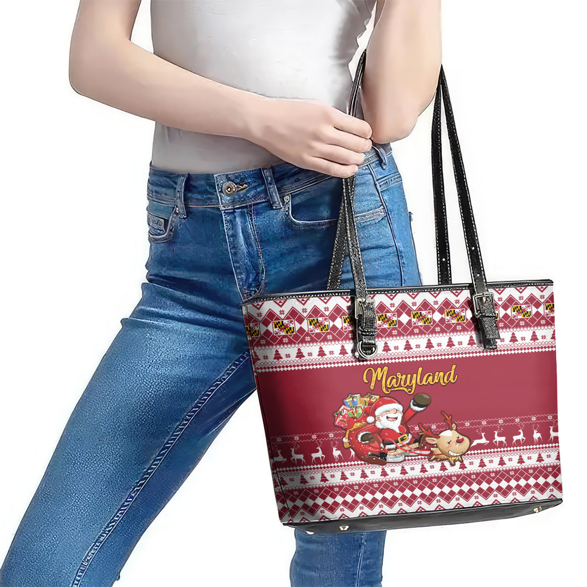 Custom Maryland Christmas Leather Tote Bag Santa Claus Riding A Reindeer LT01