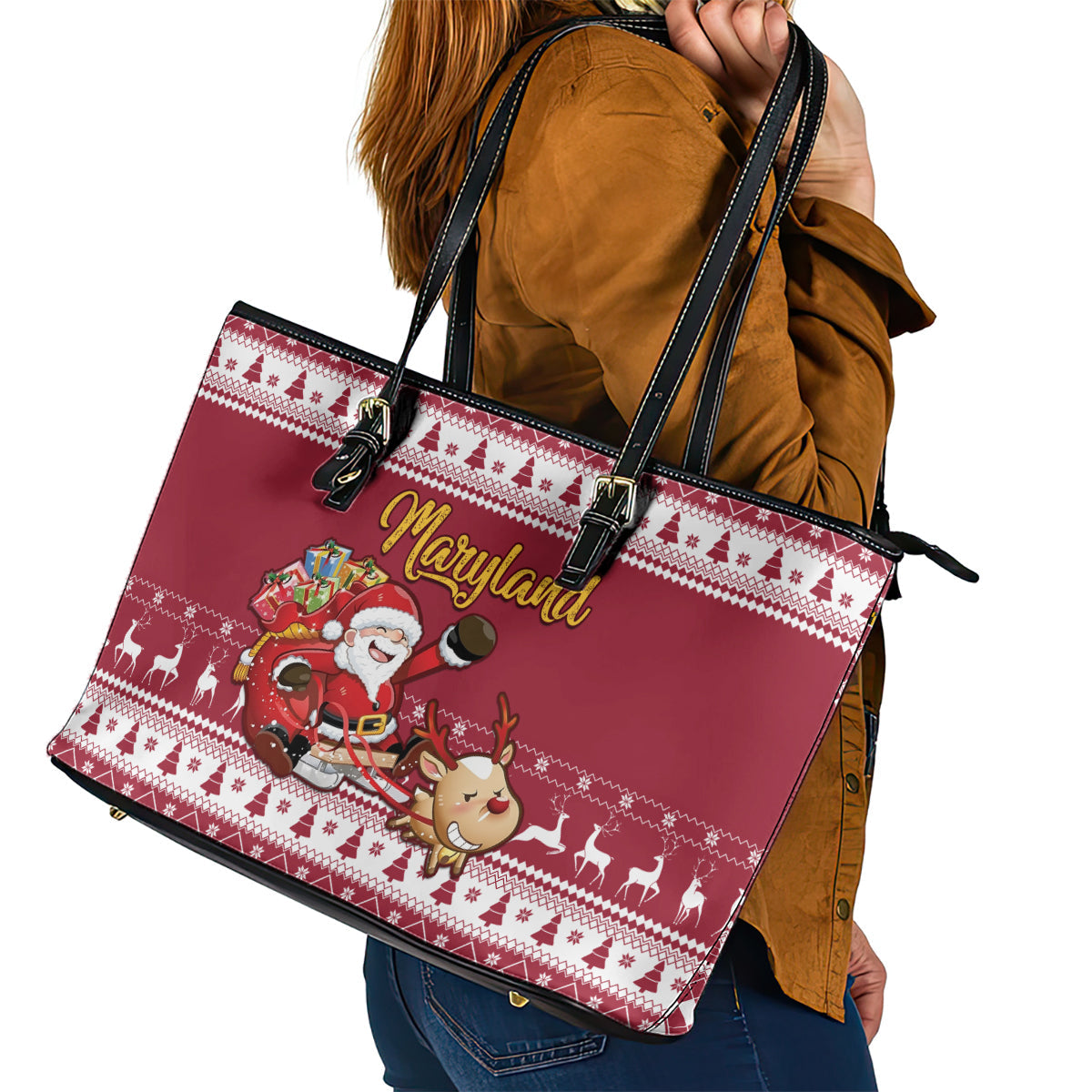 Custom Maryland Christmas Leather Tote Bag Santa Claus Riding A Reindeer LT01