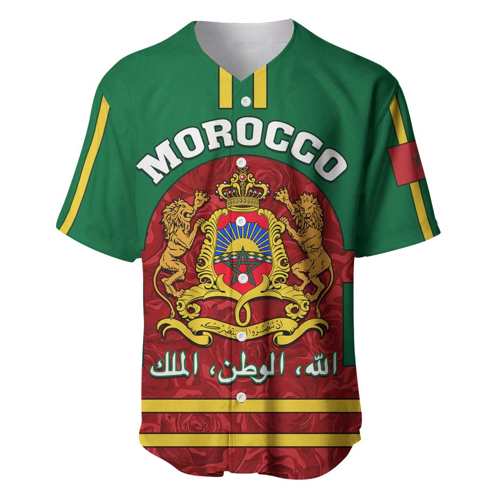 Morocco Proclamation Day Baseball Jersey with Marruecos Coat of Arms and Roses Pattern LT01