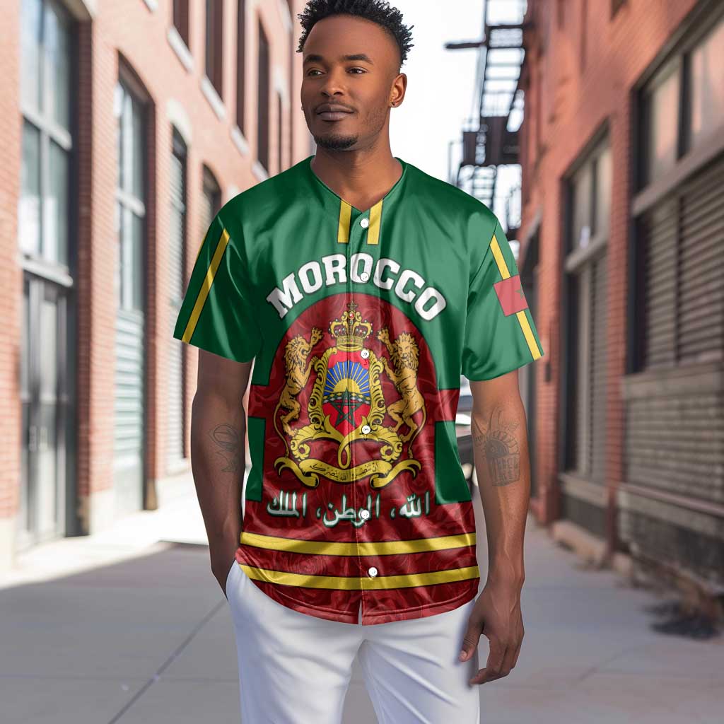 Morocco Proclamation Day Baseball Jersey with Marruecos Coat of Arms and Roses Pattern LT01