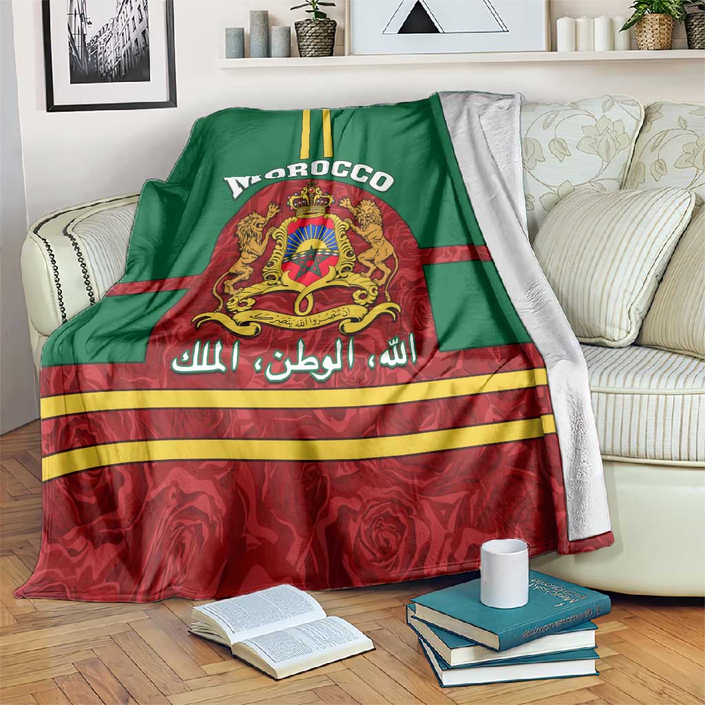 Morocco Proclamation Day Blanket with Marruecos Coat of Arms and Roses Pattern LT01